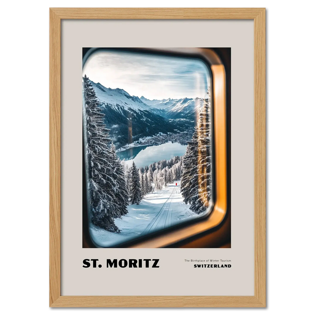 St. Moritz - The Birthplace of Winter Tourism - Poster featuring snowy landscape through a train window.
