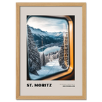 St. Moritz - The Birthplace of Winter Tourism - Poster featuring snowy landscape through a train window.