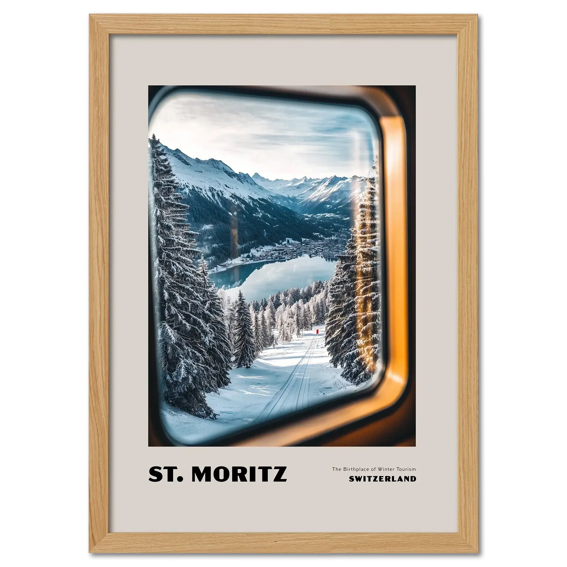 St. Moritz - The Birthplace of Winter Tourism - Poster featuring snowy landscape through a train window.