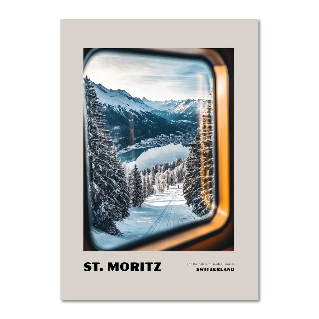 St. Moritz - The Birthplace of Winter Tourism - Poster featuring a snowy landscape seen through a train window.
