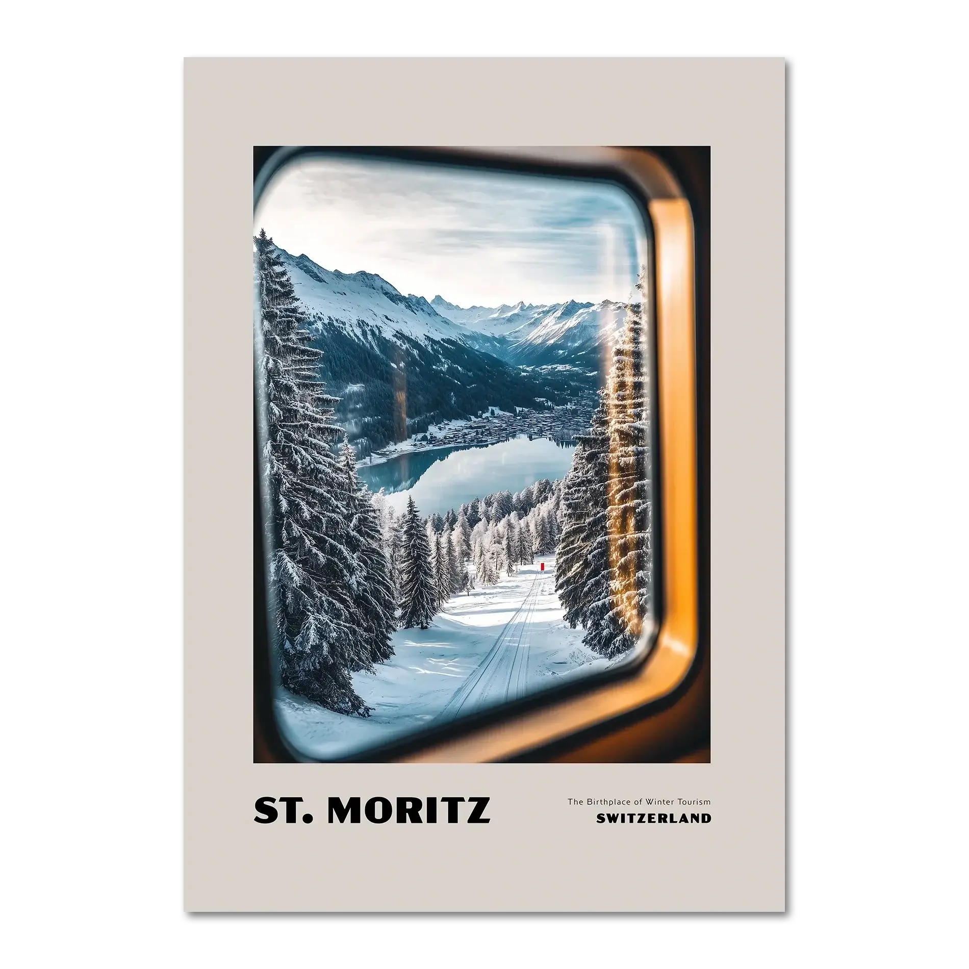 St. Moritz - The Birthplace of Winter Tourism - Poster featuring a snowy landscape seen through a train window.