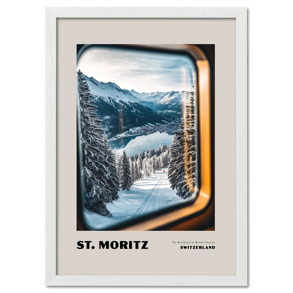 St. Moritz - The Birthplace of Winter Tourism - Poster showcasing a serene winter landscape through a train window.