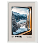 St. Moritz - The Birthplace of Winter Tourism - Poster showcasing a serene winter landscape through a train window.