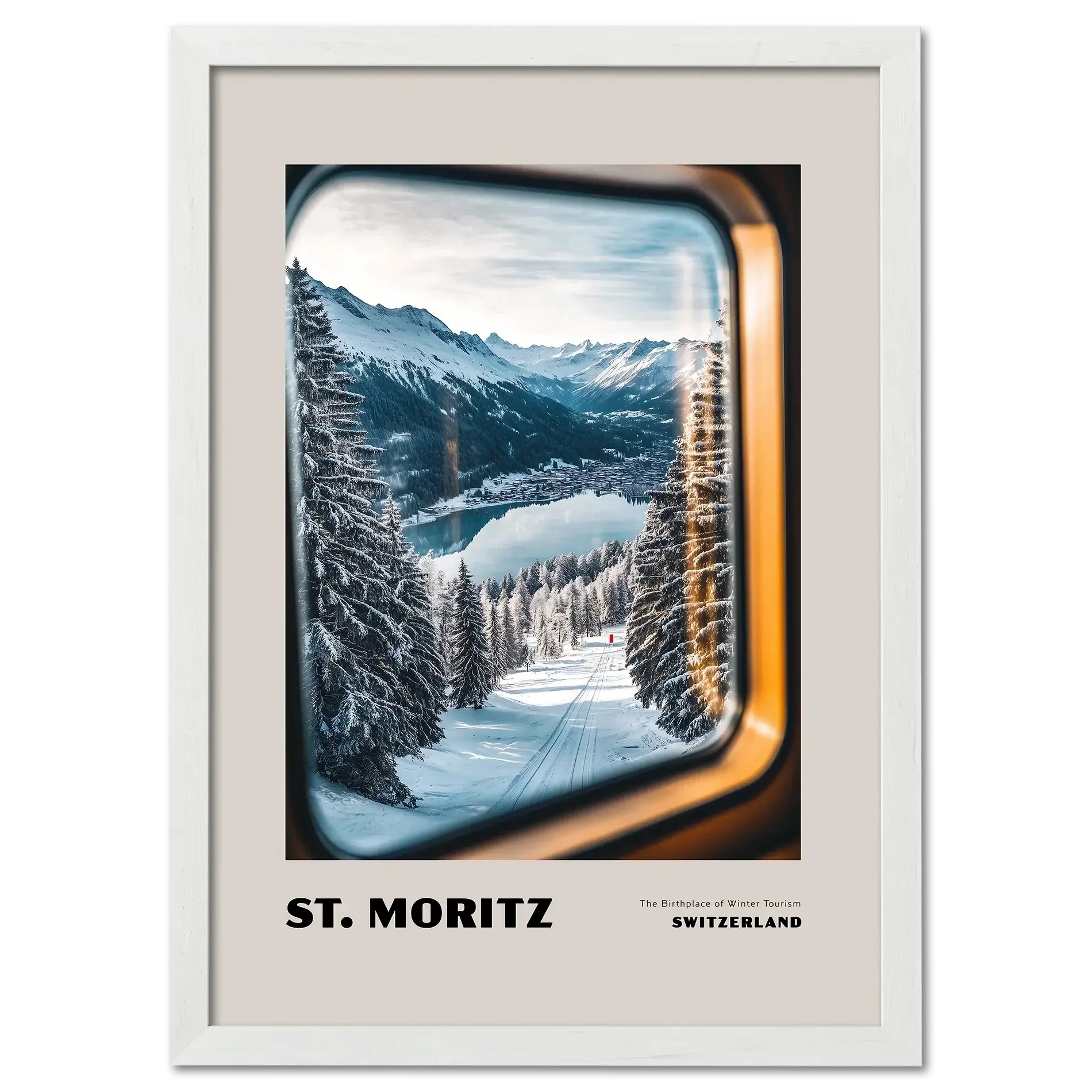 St. Moritz - The Birthplace of Winter Tourism - Poster showcasing a serene winter landscape through a train window.