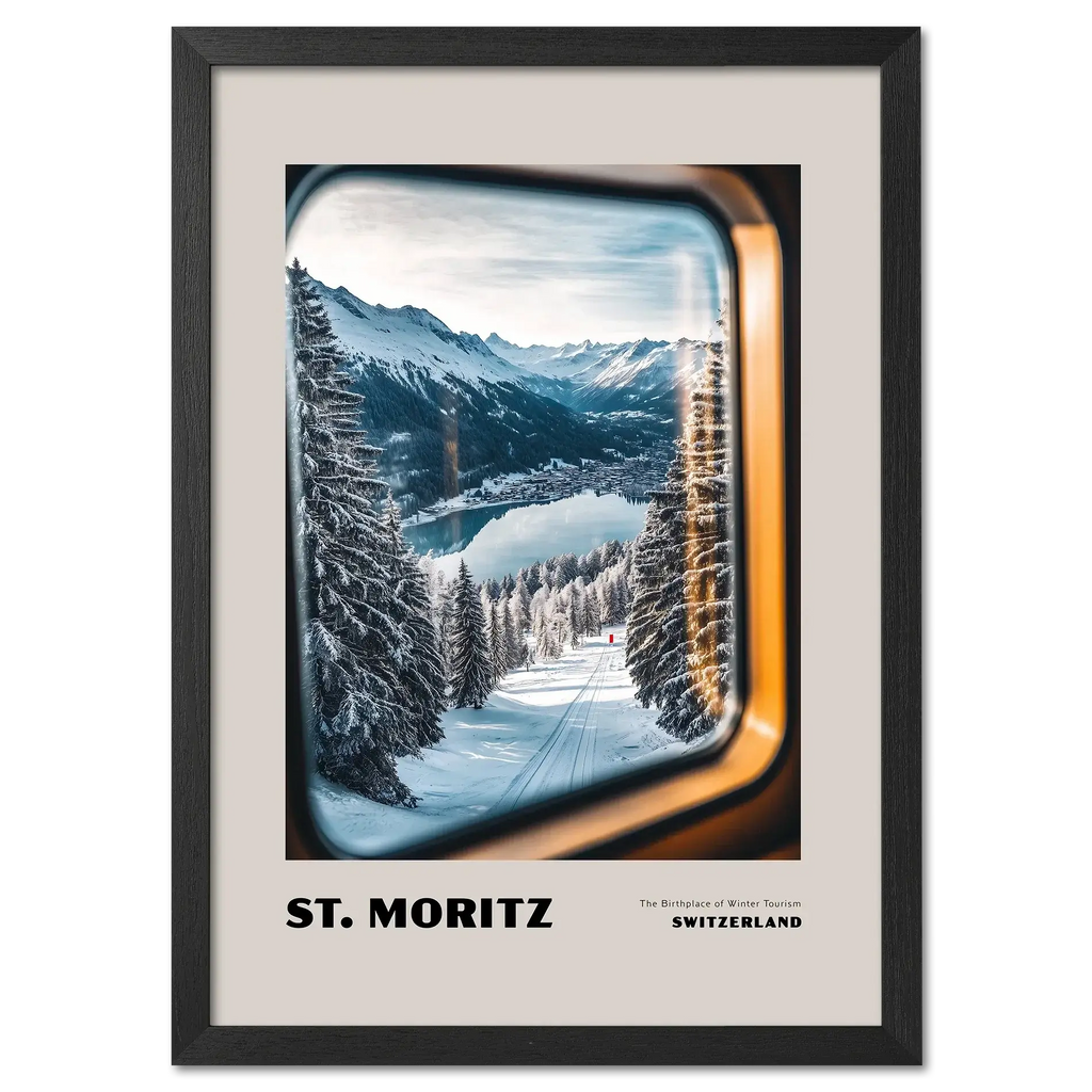 St. Moritz - The Birthplace of Winter Tourism - Poster featuring a winter landscape through a train window.