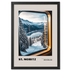 St. Moritz - The Birthplace of Winter Tourism - Poster featuring a winter landscape through a train window.