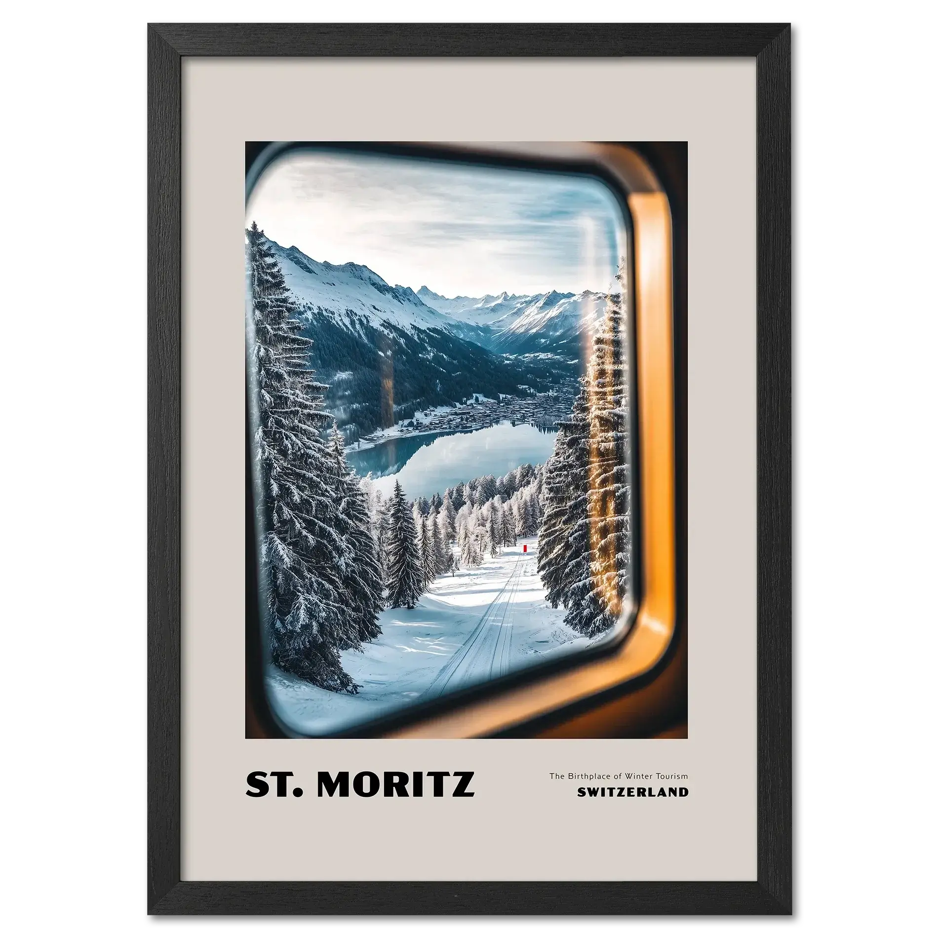St. Moritz - The Birthplace of Winter Tourism - Poster featuring a winter landscape through a train window.