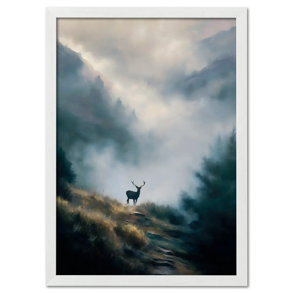Stag in the Mist - Poster featuring a lone stag on a misty mountain path, surrounded by fog and forest.