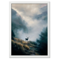 Stag in the Mist - Poster featuring a lone stag on a misty mountain path, surrounded by fog and forest.