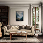 Stag in the Mist - Poster displayed in a cozy living room with a modern beige sofa and warm ambiance.