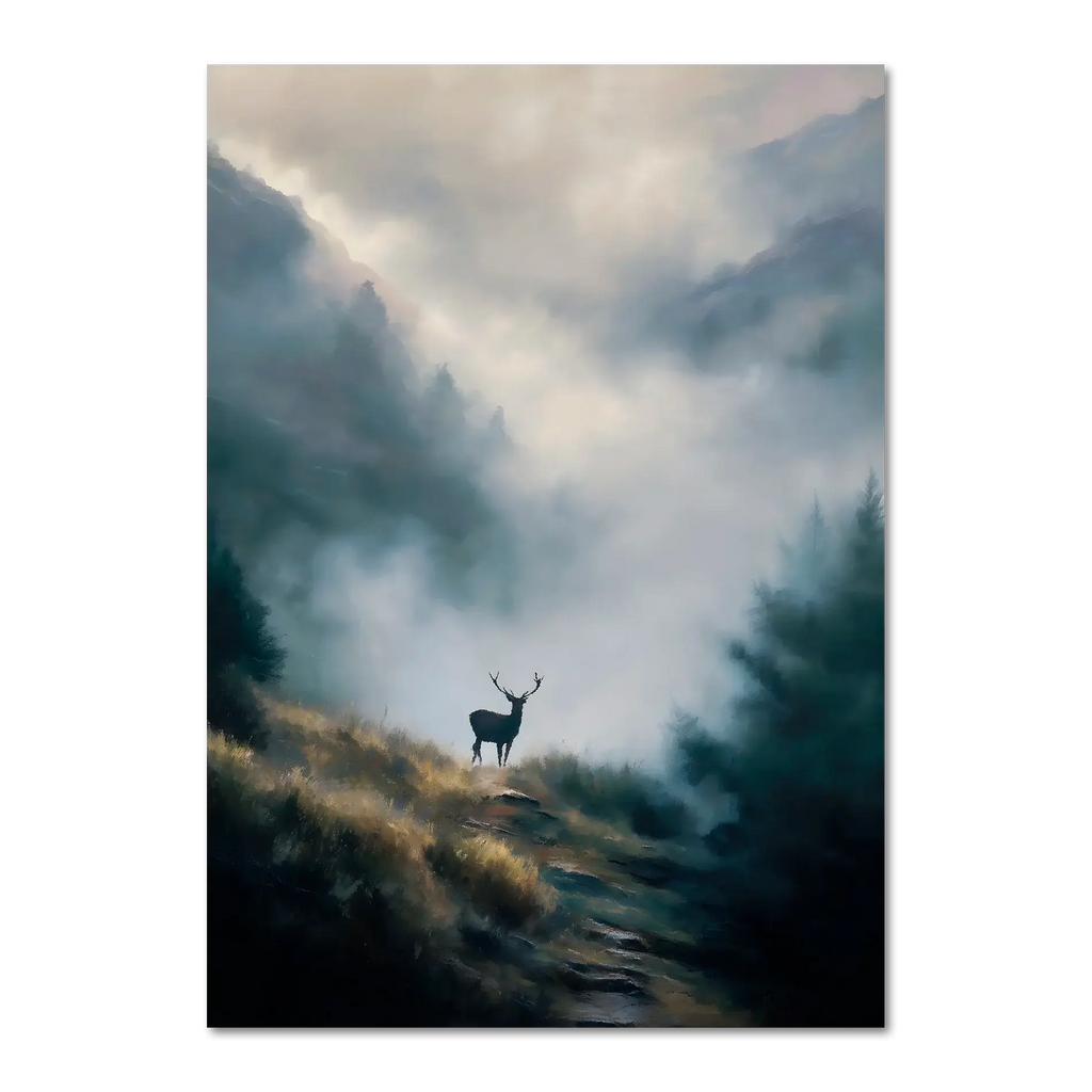 Stag in the Mist - Poster featuring a lone stag on a misty mountain path with serene green and gray tones.