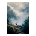 Stag in the Mist - Poster featuring a lone stag on a misty mountain path with serene green and gray tones.