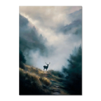 Stag in the Mist - Poster featuring a lone stag on a misty mountain path with serene green and gray tones.