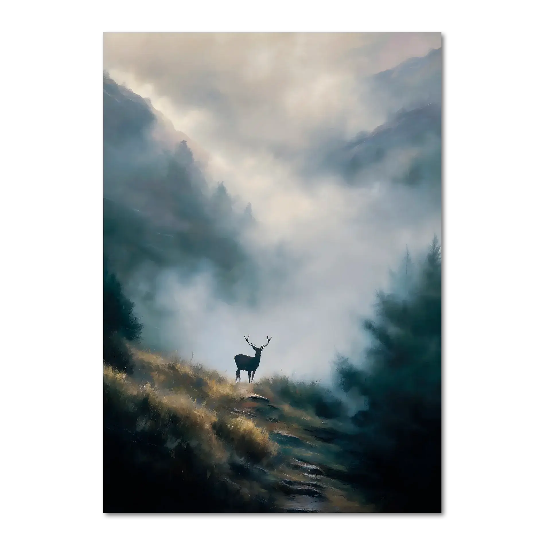 Stag in the Mist - Poster featuring a lone stag on a misty mountain path with serene green and gray tones.