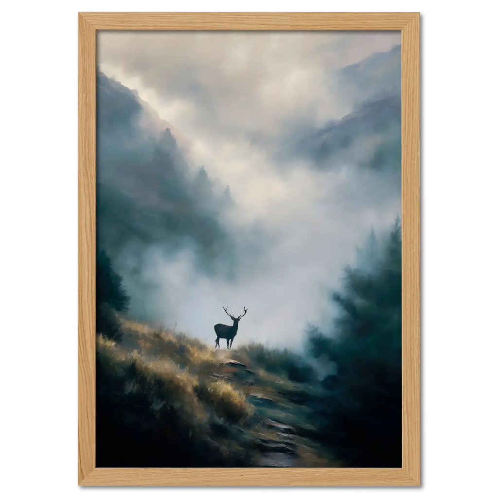 Stag in the Mist - Poster featuring a lone stag on a misty mountain path surrounded by fog and forest.