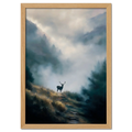 Stag in the Mist - Poster featuring a lone stag on a misty mountain path surrounded by fog and forest.