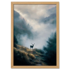 Stag in the Mist - Poster featuring a lone stag on a misty mountain path surrounded by fog and forest.