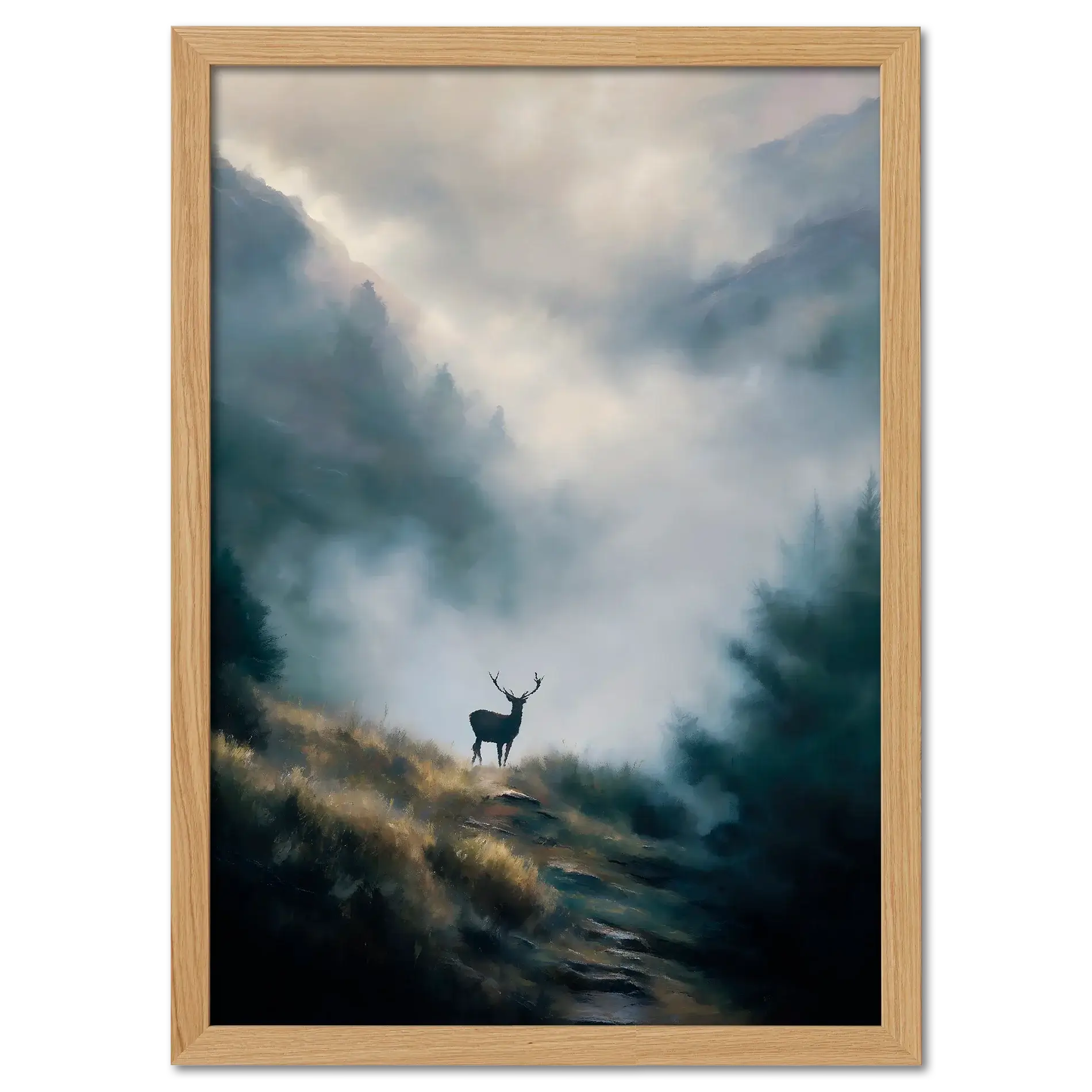 Stag in the Mist - Poster featuring a lone stag on a misty mountain path surrounded by fog and forest.