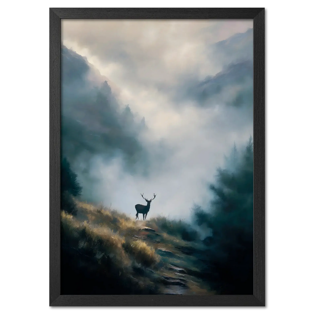 Stag in the Mist - Poster featuring a lone stag on a misty mountain path surrounded by fog and forest.