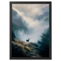 Stag in the Mist - Poster featuring a lone stag on a misty mountain path surrounded by fog and forest.