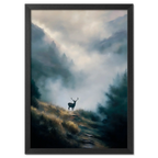 Stag in the Mist - Poster featuring a lone stag on a misty mountain path surrounded by fog and forest.
