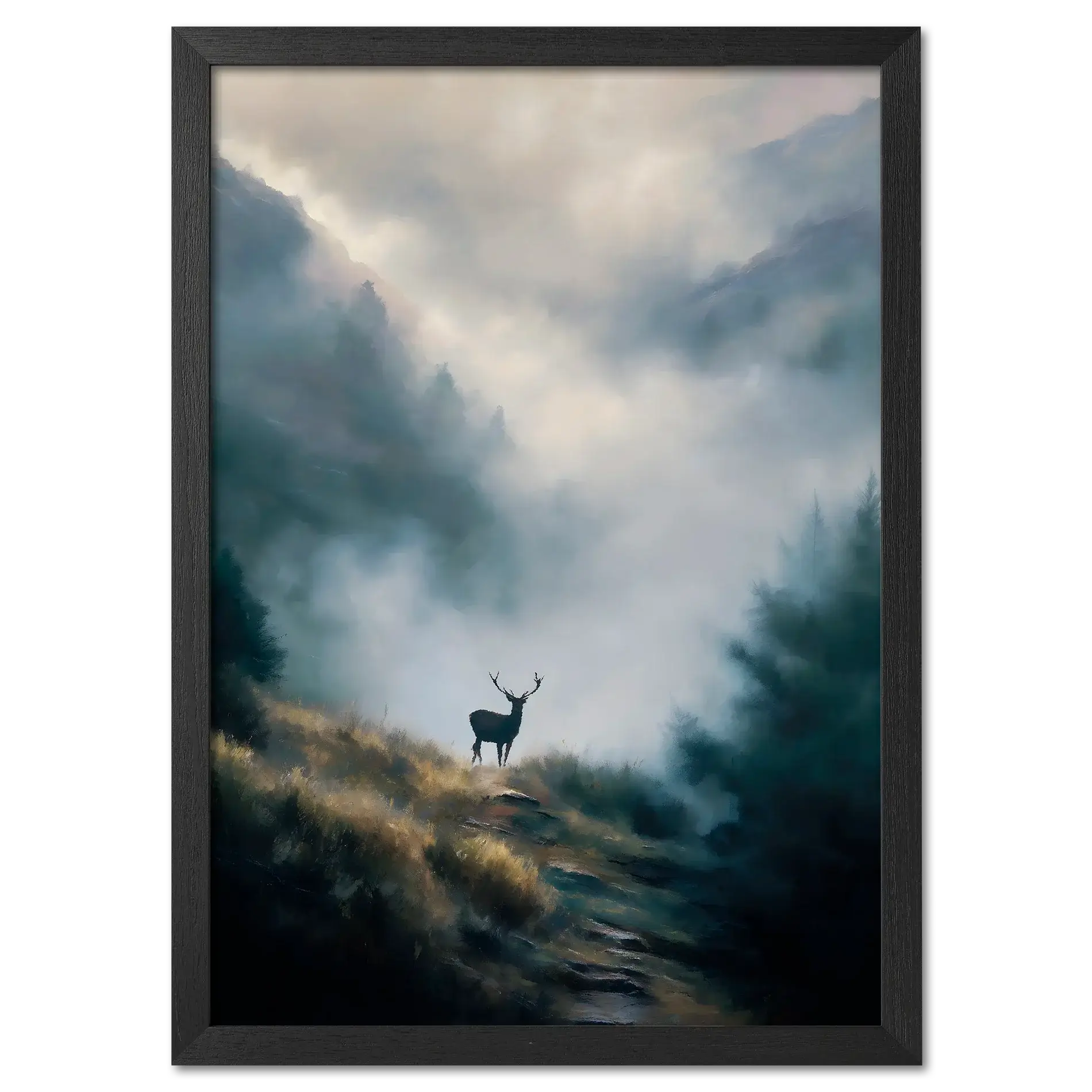 Stag in the Mist - Poster featuring a lone stag on a misty mountain path surrounded by fog and forest.