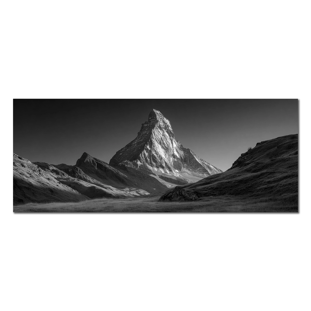Stillness of the Matterhorn – Alu-Dibond wall art showcasing the majestic Matterhorn in a serene monochrome landscape.