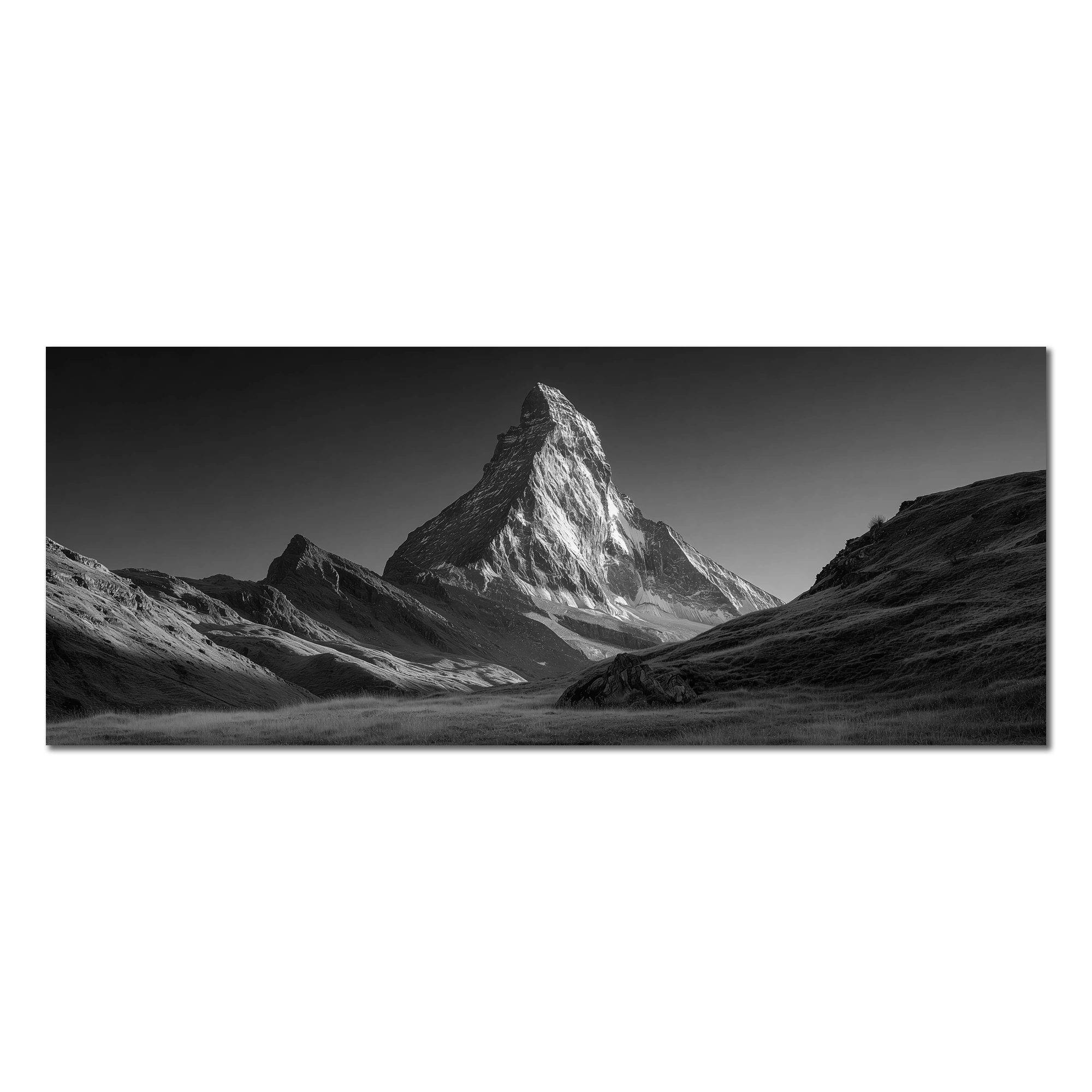 Stillness of the Matterhorn – Alu-Dibond wall art showcasing the majestic Matterhorn in a serene monochrome landscape.