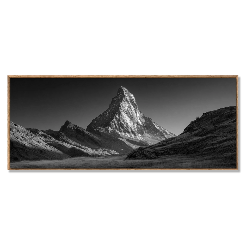 Stillness of the Matterhorn – Alu-Dibond wall art, showcasing the Matterhorn's serene silhouette in monochrome.
