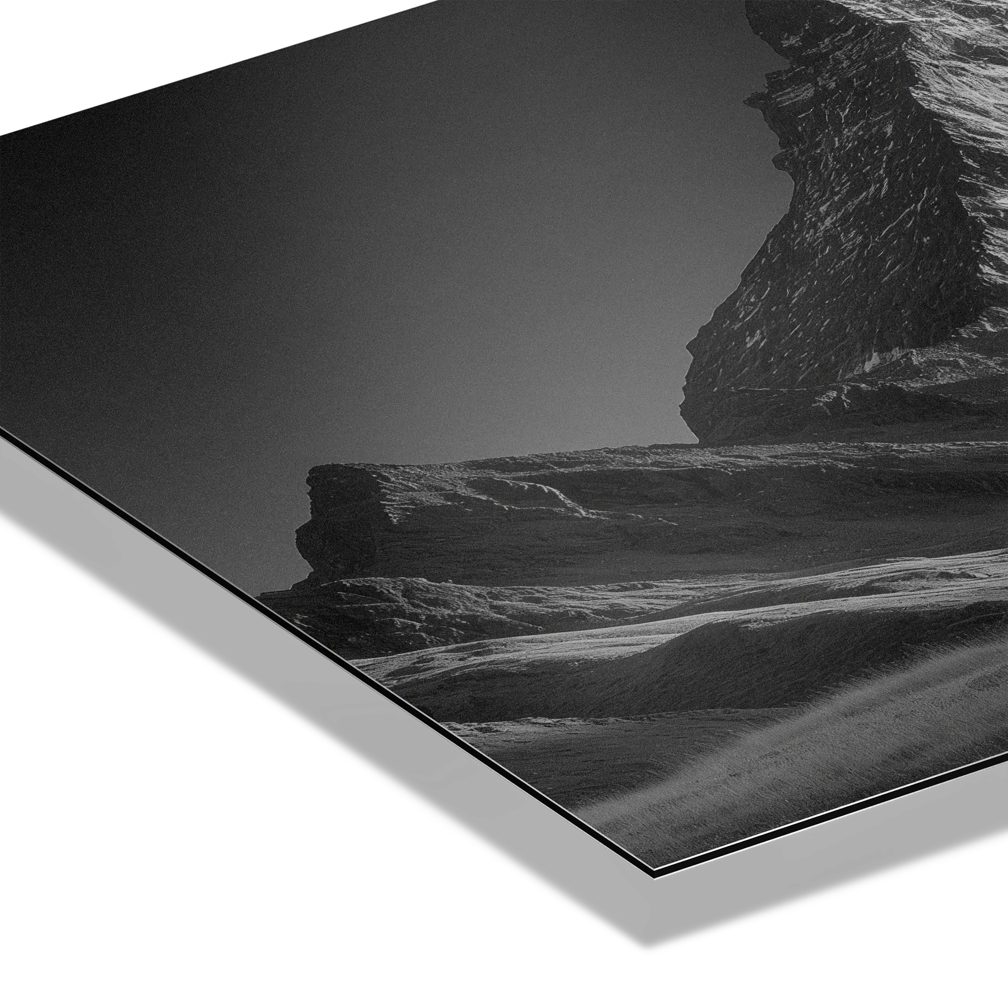 Stillness of the Matterhorn – Alu-Dibond wall art showcasing a monochrome mountain landscape.