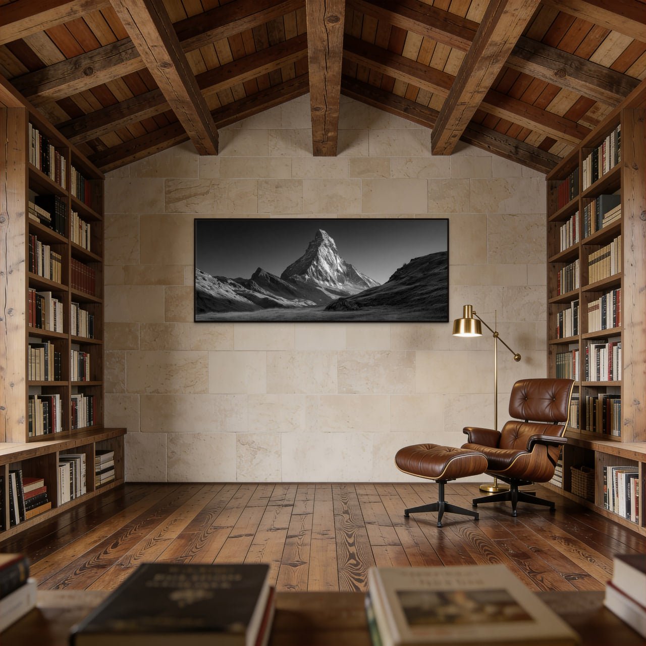 Stillness of the Matterhorn – Alu-Dibond wall art displayed in a cozy library setting with wooden decor.