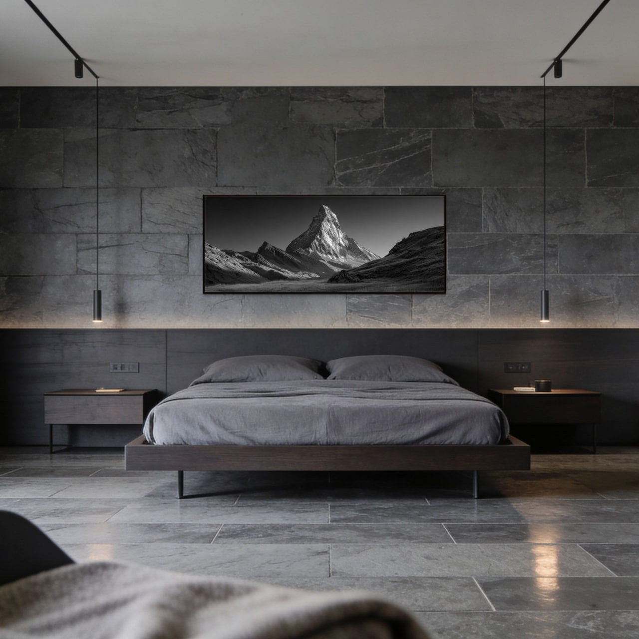 Stillness of the Matterhorn – Alu-Dibond wall art in a modern bedroom featuring sleek decor and dark tones.