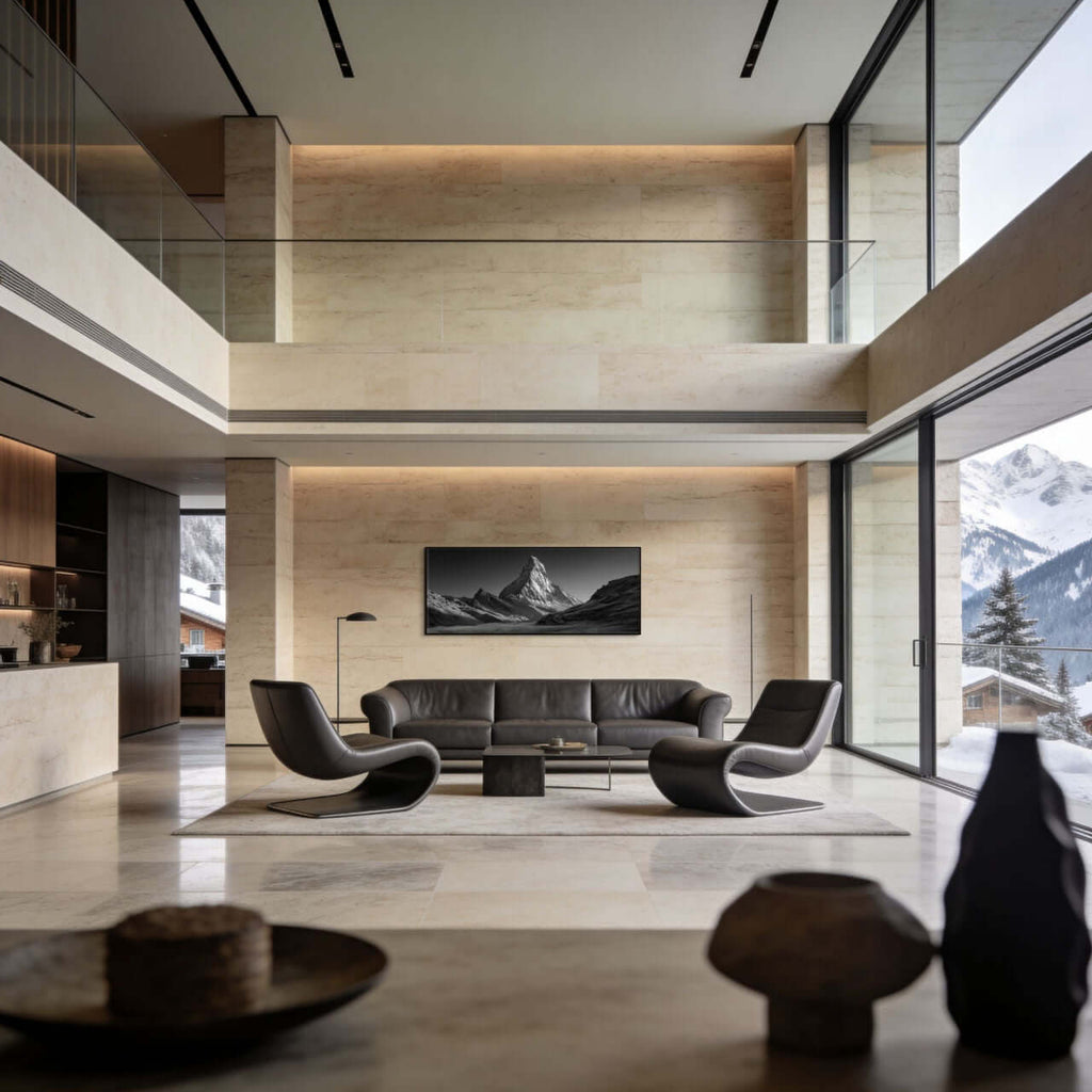 Stillness of the Matterhorn – Alu-Dibond wall art displayed in a modern living room with a view of the alps.