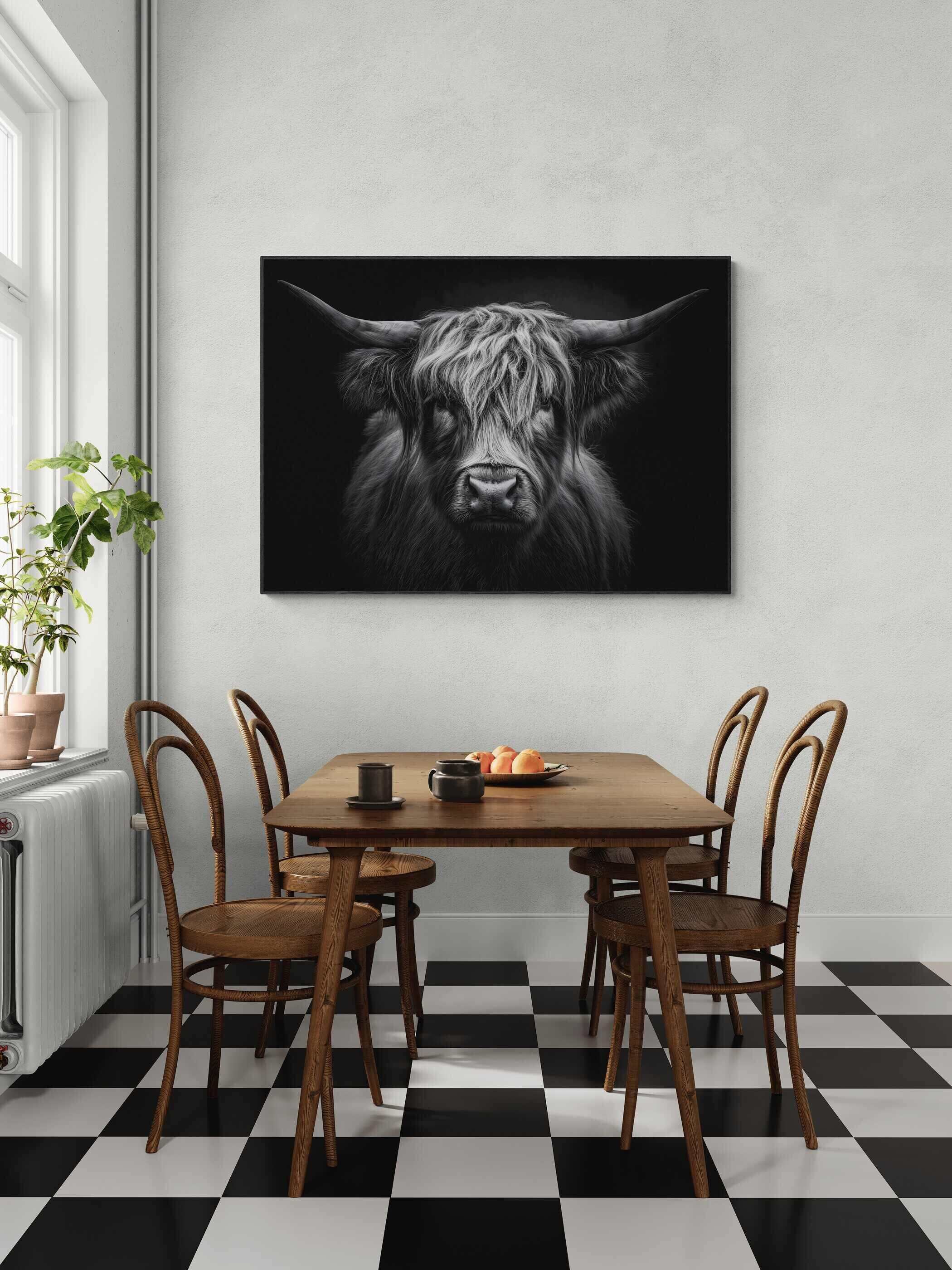 Strength of a highland cow - Alu-Dibond wall art displayed in a modern dining area with wooden furniture.