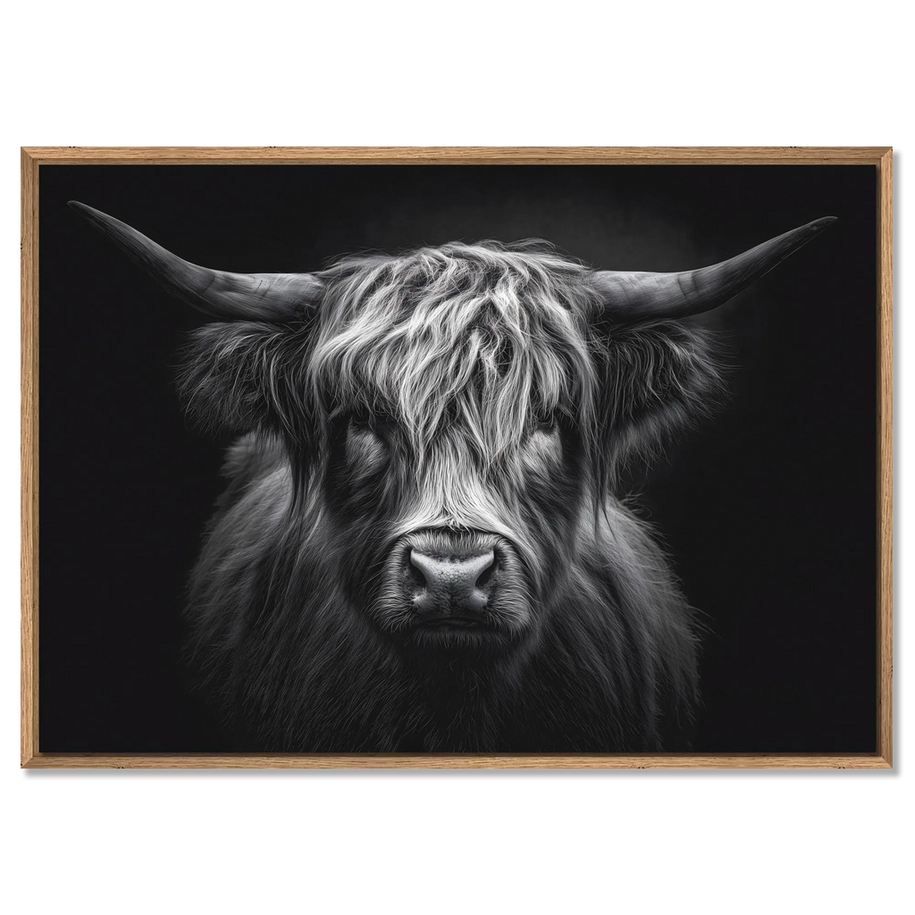Strength of a highland cow - Alu-Dibond wall art showcasing the beauty and resilience of a Highland cow in black and white.