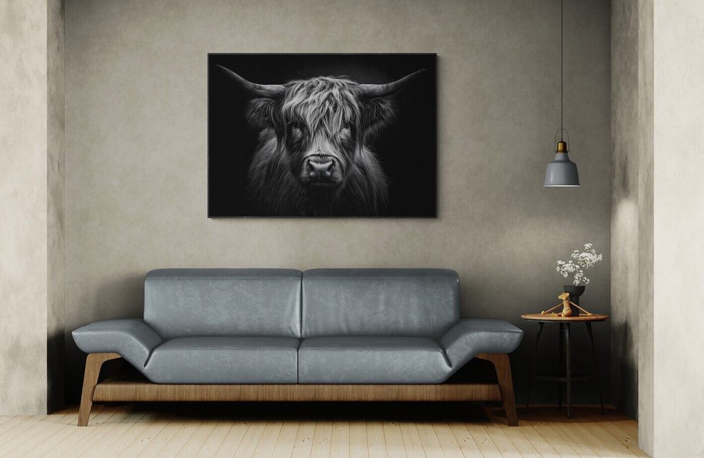 Strength of a highland cow - Alu-Dibond wall art displayed above a modern sofa in a stylish interior.