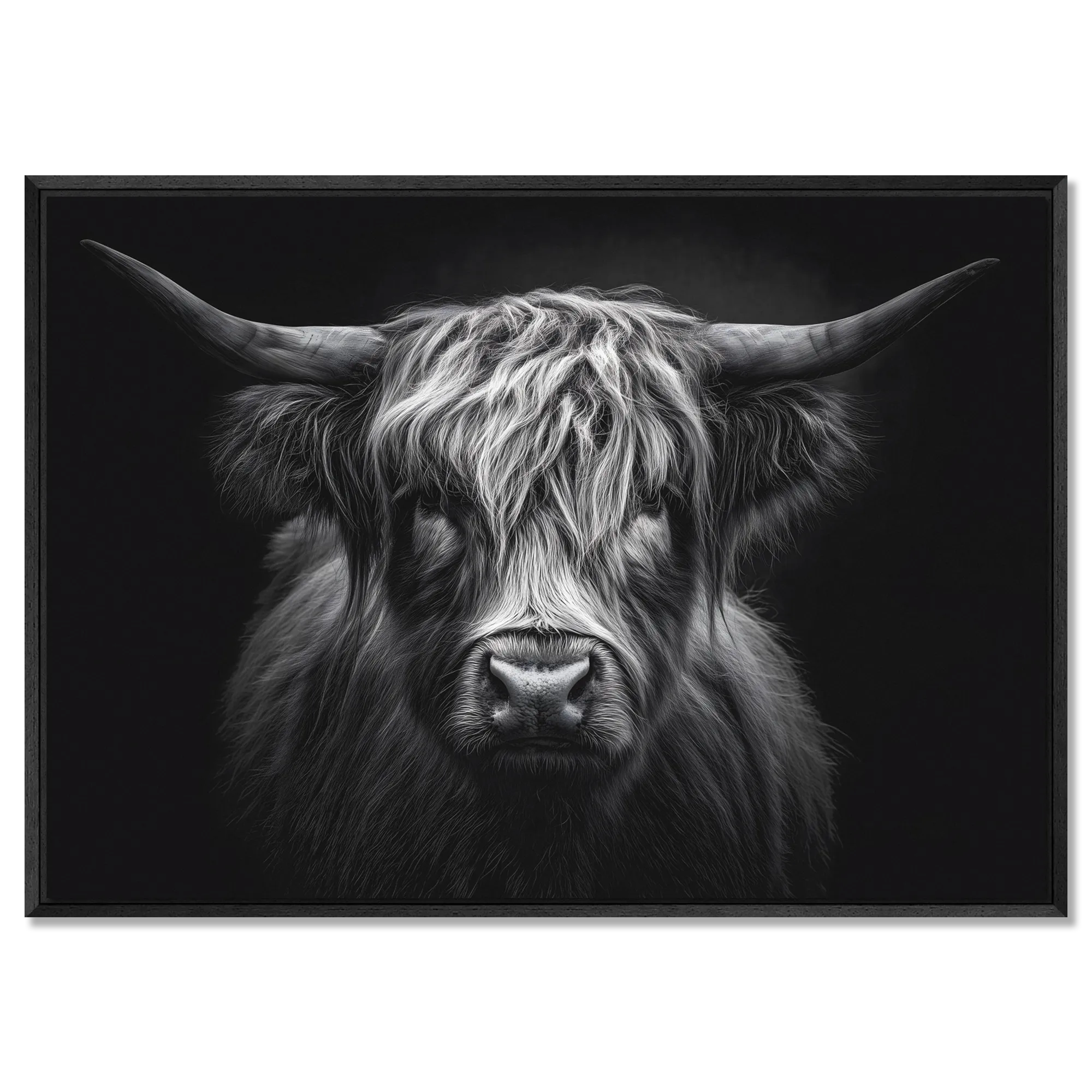 Strength of a highland cow - Alu-Dibond wall art featuring a Highland cow with detailed fur and intense gaze.