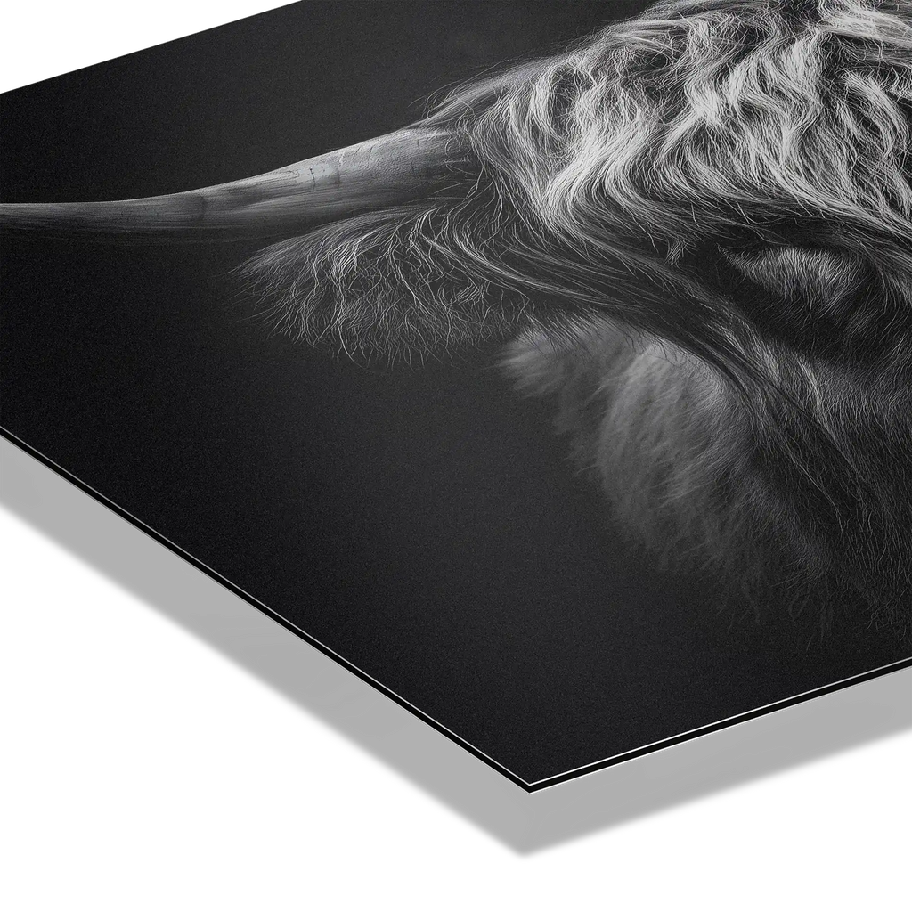 Strength of a highland cow - Alu-Dibond wall art close-up showing the texture and detail of the Highland cow's fur.