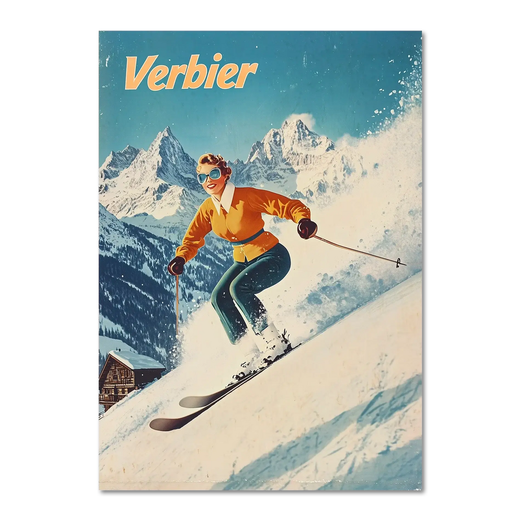 Verbier - Stylish Skier - Poster featuring a skier carving through snow with mountains in the background.