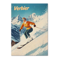 Verbier - Stylish Skier - Poster featuring a skier carving through snow with mountains in the background.
