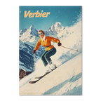 Verbier - Stylish Skier - Poster featuring a skier carving through snow with mountains in the background.