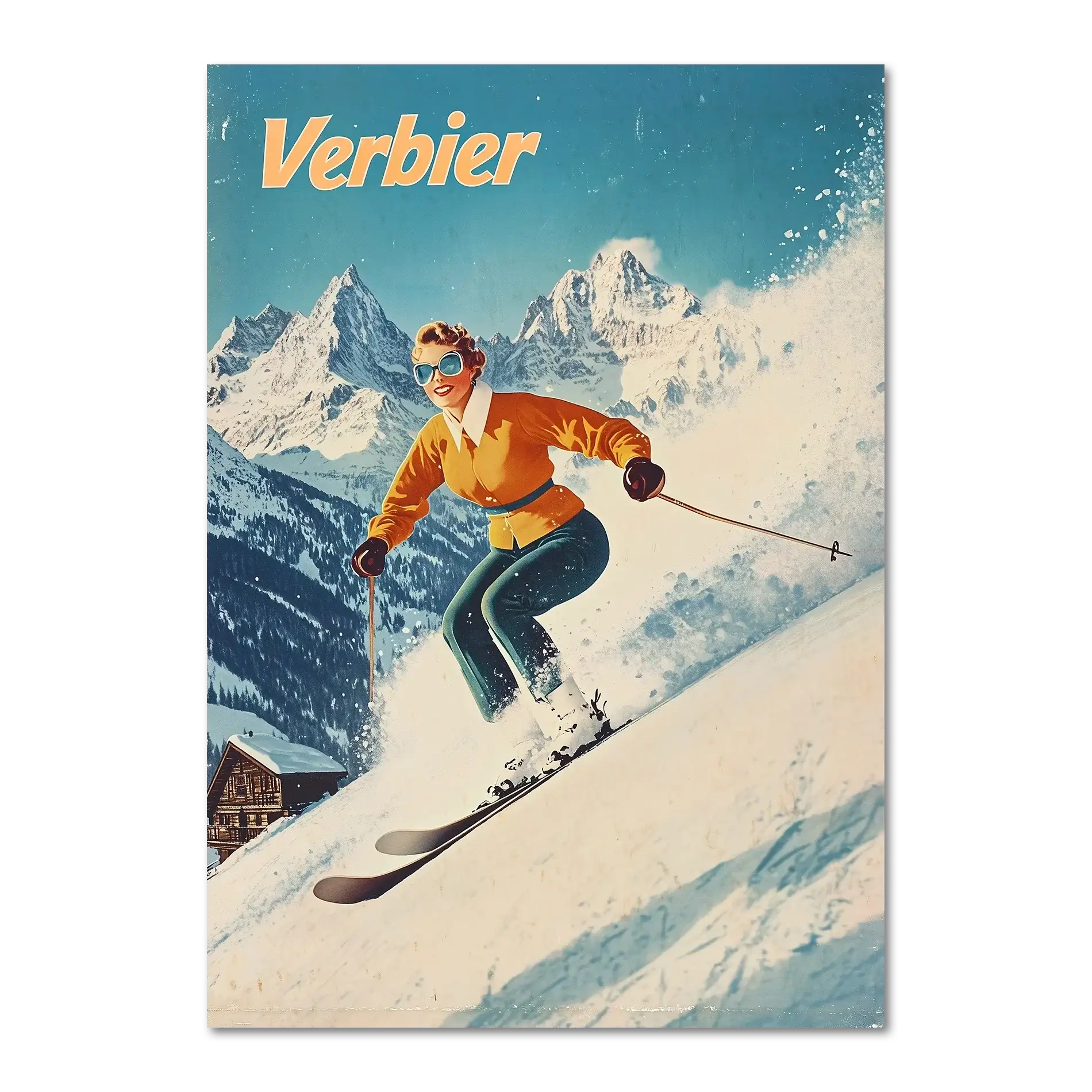 Verbier - Stylish Skier - Poster featuring a skier carving through snow with mountains in the background.