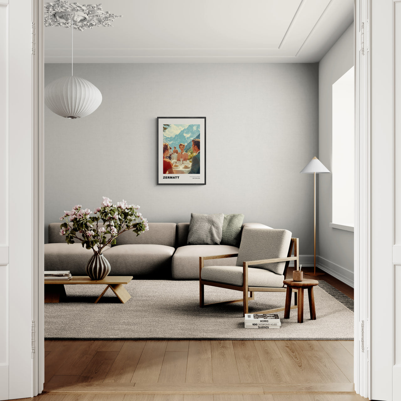 Alpine Romance in Zermatt - Poster framed in a modern living room with stylish furniture and soft lighting.