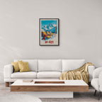 Sunny Ski Alps Escape - Poster showcased in a modern living room with a cozy sofa and coffee table.