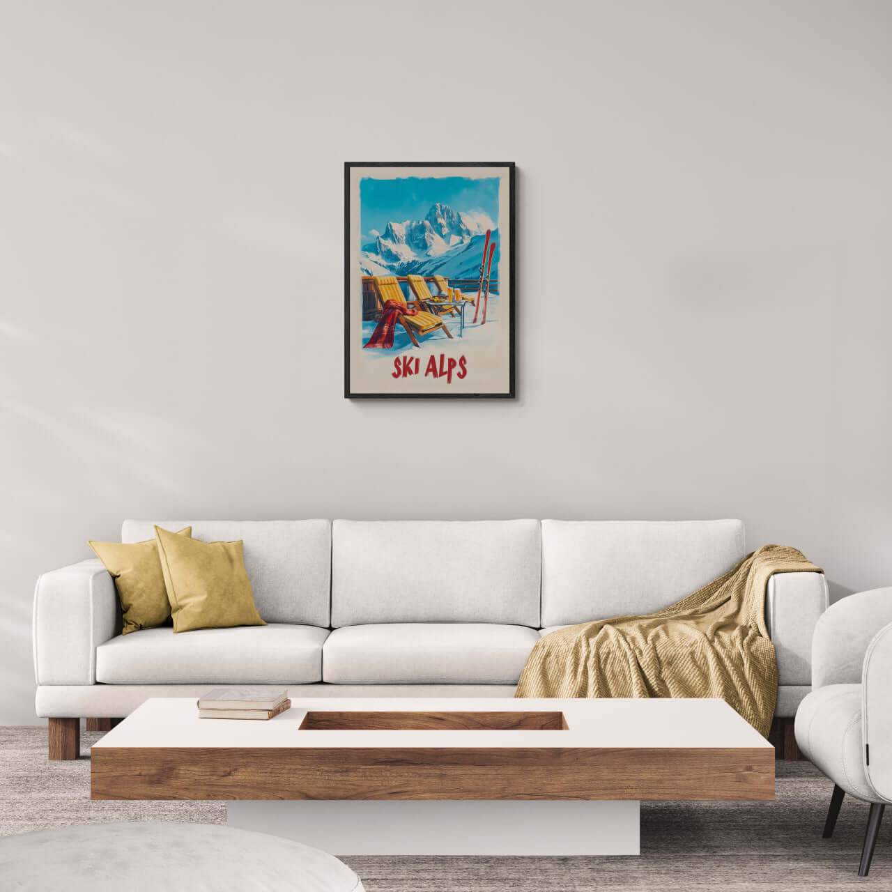 Sunny Ski Alps Escape - Poster showcased in a modern living room with a cozy sofa and coffee table.