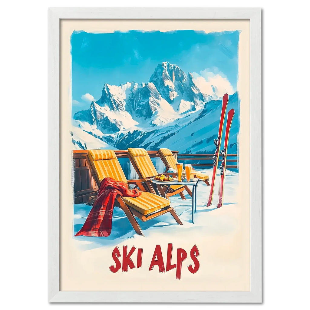 Sunny Ski Alps Escape - Poster featuring wooden loungers, skis, and alpine mountains under a bright blue sky.