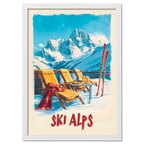 Sunny Ski Alps Escape - Poster featuring wooden loungers, skis, and alpine mountains under a bright blue sky.