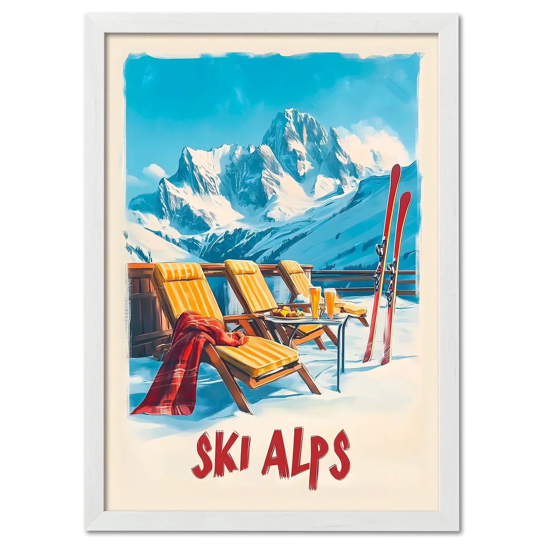 Sunny Ski Alps Escape - Poster featuring wooden loungers, skis, and alpine mountains under a bright blue sky.