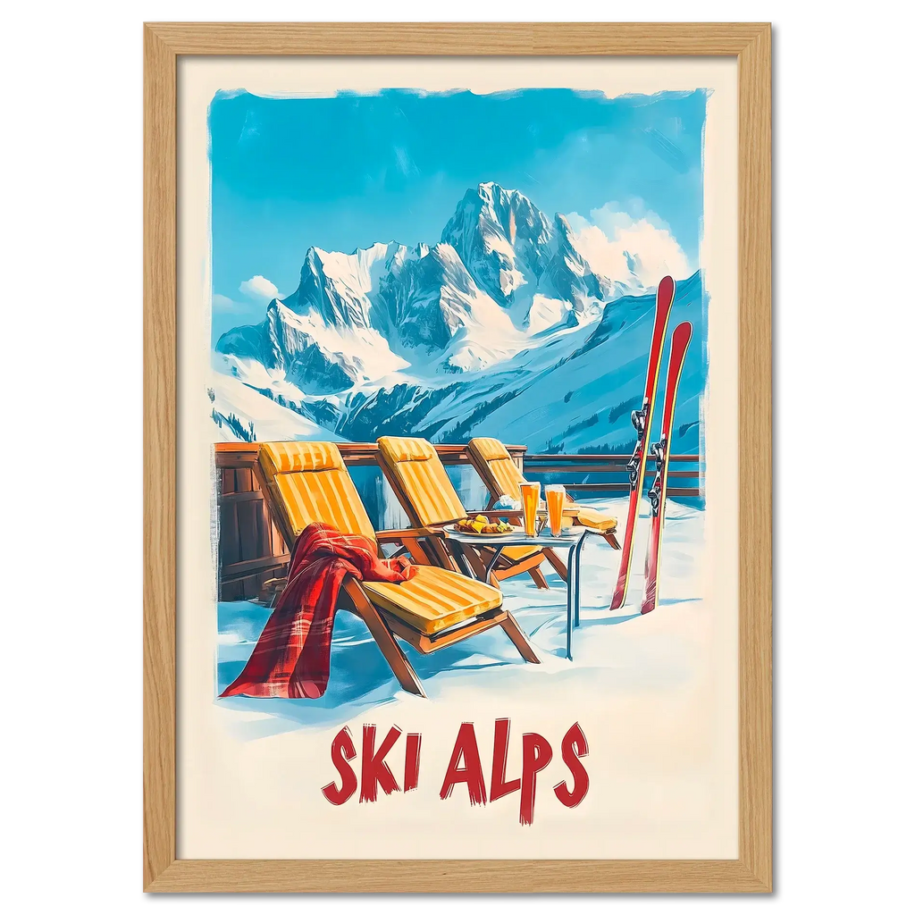 Sunny Ski Alps Escape - Poster featuring wooden loungers, skis, and snow-covered mountains.