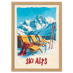 Sunny Ski Alps Escape - Poster featuring wooden loungers, skis, and snow-covered mountains.